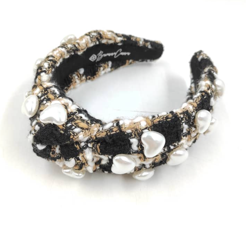 Brianna Cannon Tweed Pearl Heart Knot Headband Embellished Knot Headband - Tweed Rhinestone Pearl (Christmas) main image 3