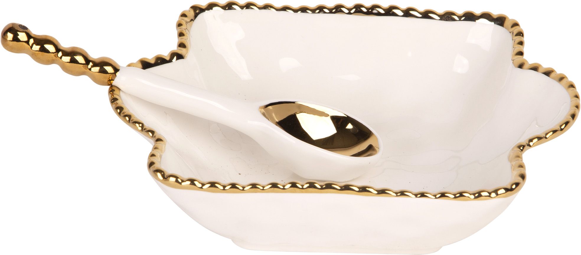 Gold Beaded White Bowl & Spoon