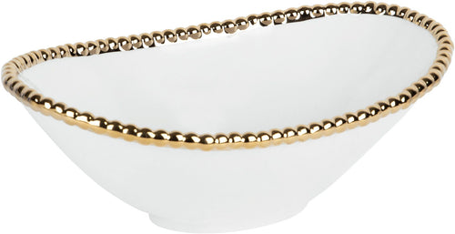 Gold Beaded White Oval Bowl