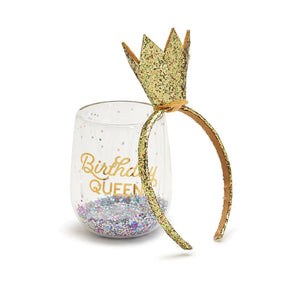 Birthday Queen Stemless Wine Glass & Crown
