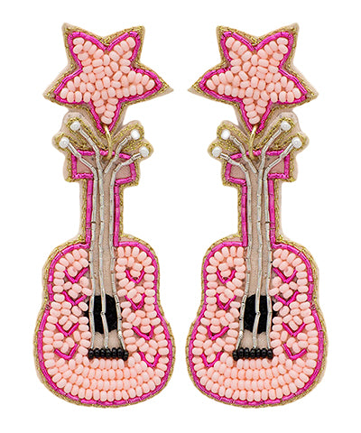 Beaded Pink Guitar Earrings