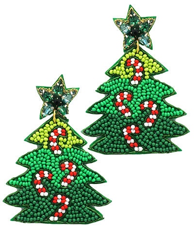 Beaded Candy Cane Christmas Tree Earrings