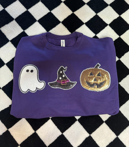 Ghost, Pumpkin, & Witch Hat Halloween Sequin Patch Sweatshirt