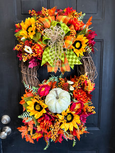 Traditional Fall Green Pumpkin Wreath