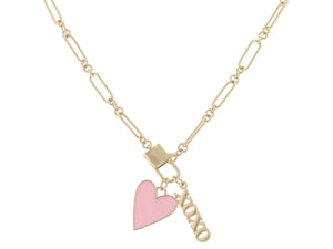 KIDS Gold Lobster Claw, Light Pink Enamel Heart, Gold "XOXO" Bar Necklace