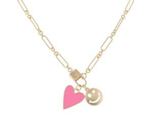 Kids Gold Lobster Claw, Hot Pink Enamel Heart, Gold Happy Face with Star Eye Necklace