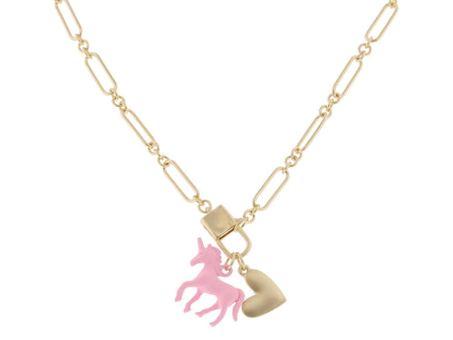 KIDS LIGHT PINK UNICORN & GOLD HEART NECKLACE