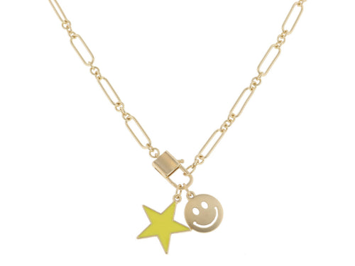 KIDS YELLOW STAR & GOLD HAPPY FACE NECKLACE
