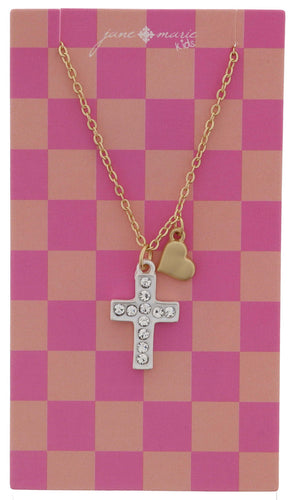 KIDS WHITE AND CRYSTAL SILVER CROSS & MINI GOLD HEART NECKLACE