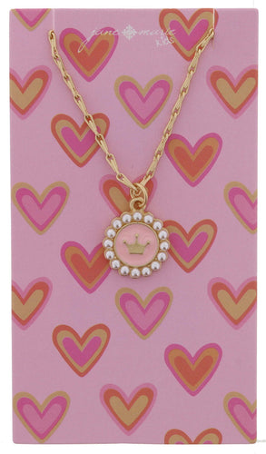 KIDS PINK DISC WITH GOLD CROWN AND MINI PEARL EDGE NECKLACE