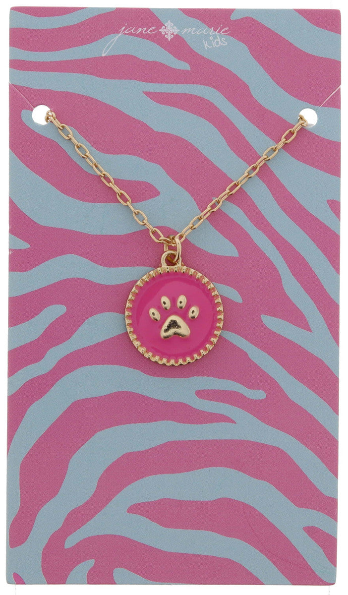 KIDS PINK DISC WITH CENTER GOLD PAW PRINT NECKLACE