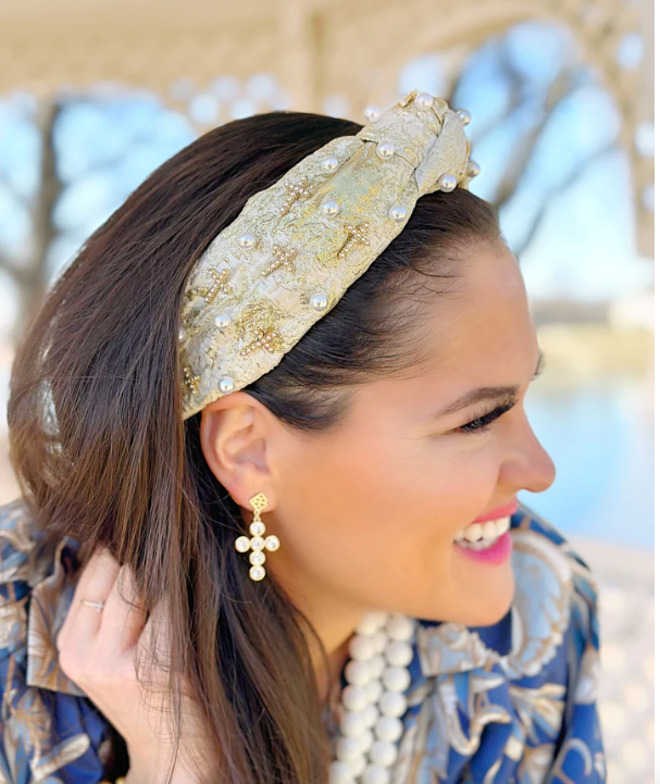 Brianna Cannon Adult Size GOLD AND IVORY METALLIC HEADBAND WITH PEARLS AND CROSSES