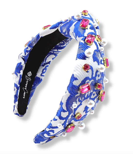 Brianna Cannon Adult Size BLUE AND WHITE BROCADE HEADBAND WITH PINK CRYSTALS AND PEARLS