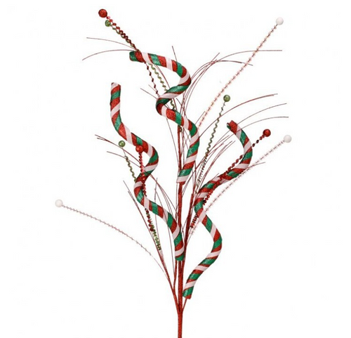 Christmas Curly Stripe Candy Cane Spray With Glitter Grass
