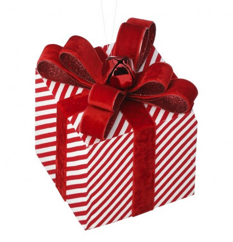 Christmas Glitter Stripe Present Box With Jingle Bell