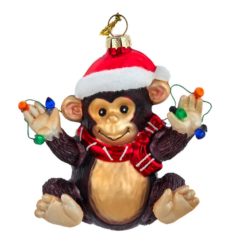 Glass Monkey With Miniature Light Strand Ornament