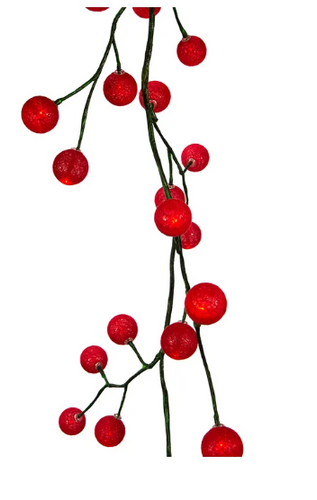 6' Red LED Cotton Ball Light Green Vine Garland