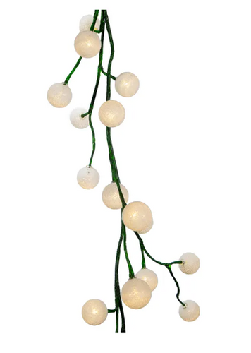 6' Warm White LED Cotton Ball Light Green Vine Garland