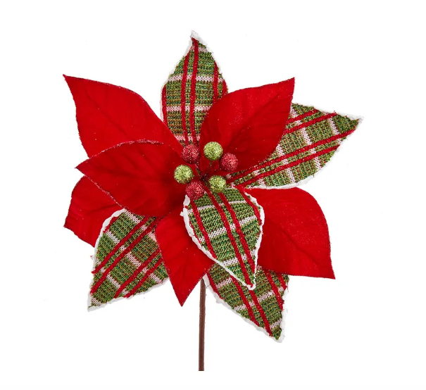 Red and Lime Plaid Poinsettia Pick
