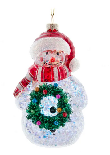 Glass Red and Green Glittered Snowman Ornament