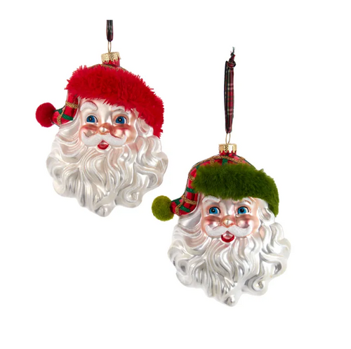 Glass Red & Green Plaid Santa Head Ornament