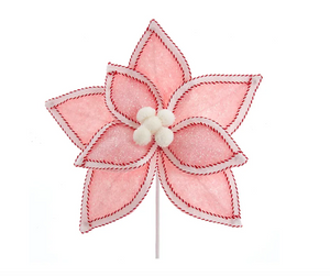 Pink Poinsettia With Red and White Trim Pick