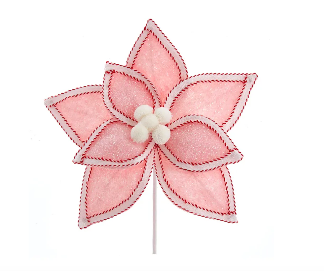 Pink Poinsettia With Red and White Trim Pick