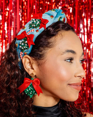 Brianna Cannon Adult VINTAGE BLUE MISTLETOE HEADBAND WITH BOWS AND CANDY CANES