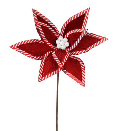 Red Velvet Candy Stripe Poinsettia Pick