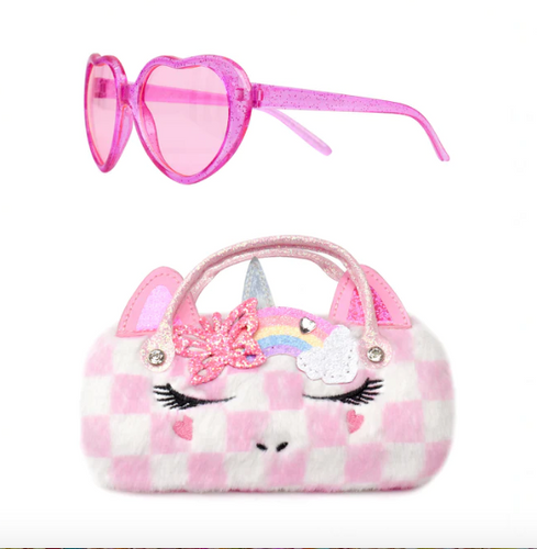 Miss Gwen's OMG Accessories Unicorn Pink Plush Checkered Sunglasses & Case