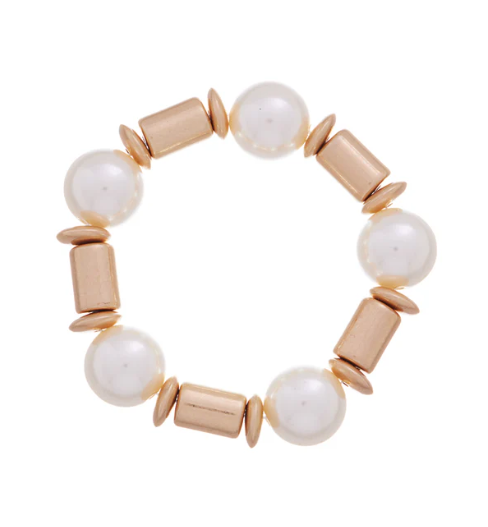 Gold Cylinder and Pearl Beaded Stretch Bracelet