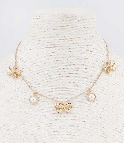 Gold Chain with Pearl and Gold Bow Charms