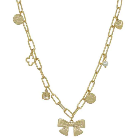 Gold Bow, Clover, and Puffy Heart Charm