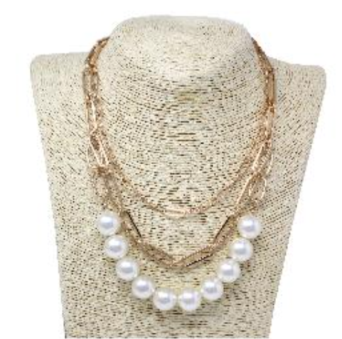 Gold Triple Layered Paper Clip Chain and Pearl Necklace