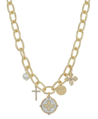 Gold Open Chain with Coin, Cross and Pearl Charm Necklace