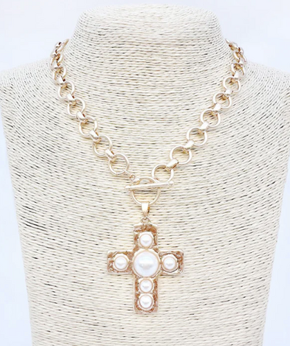 Gold Chain Pearl Cross Necklace