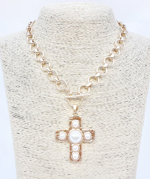 Gold Chain Pearl Cross Necklace