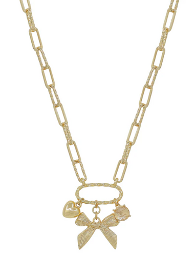 Gold Chain with Bow, Pearl and Coin Charms Necklace