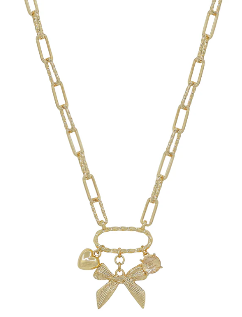 Gold Chain with Bow, Pearl and Coin Charms Necklace
