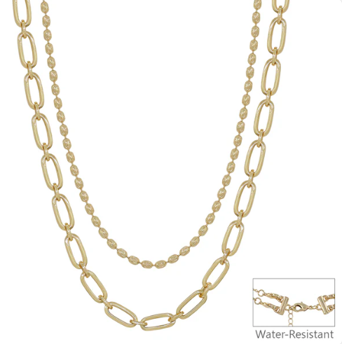 Gold Double Layered Oval and Flat Chain Necklace
