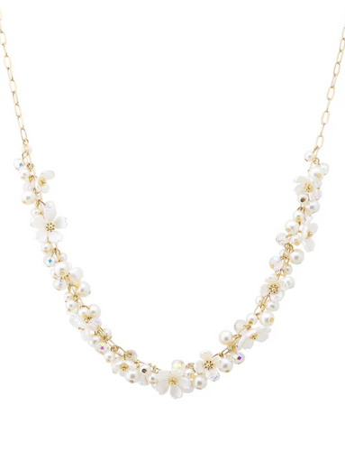Pearl, Flower, and Crystals on Gold Chain Necklace