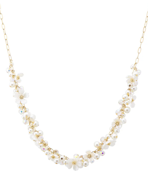 Pearl, Flower, and Crystals on Gold Chain Necklace