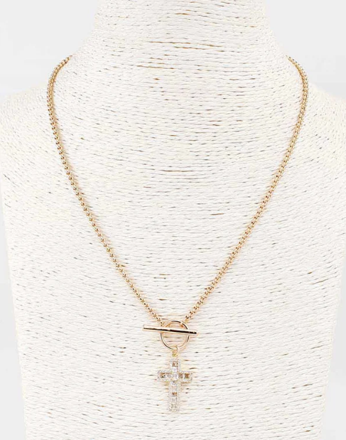 Gold Rope Chain with Rhinestone Cross Charm and Toggle Necklace