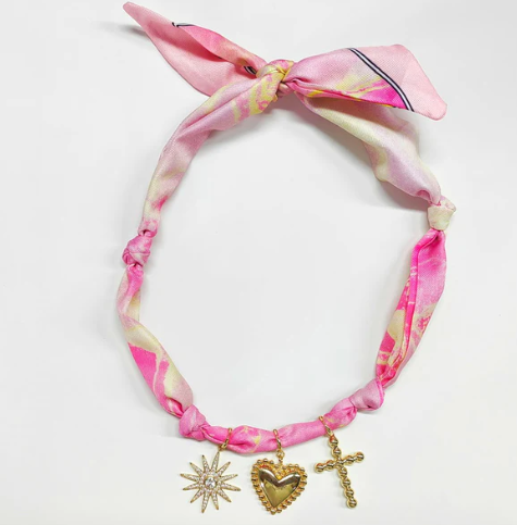 Scarf Necklace Hot Pink/White with Bubble Cross, Heart, and Rhinestone Starburst