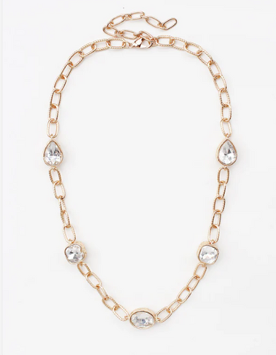 Gold Textured Chain with Teardrop Clear Stone Accents Necklace