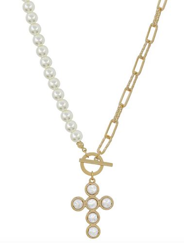 Gold Chain and Pearl Chain with Pearl Cross Necklace