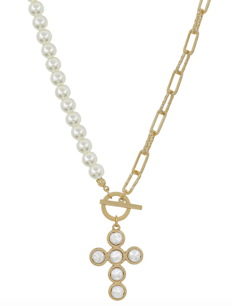 Gold Chain and Pearl Chain with Pearl Cross Necklace