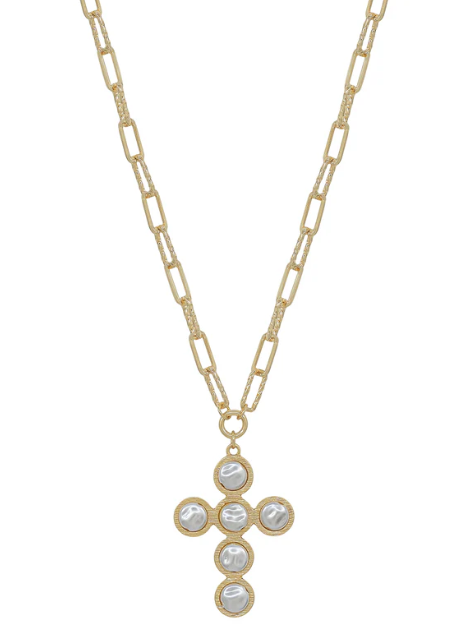 Gold Textured Chain with Pearl Flat Beaded Cross Necklace