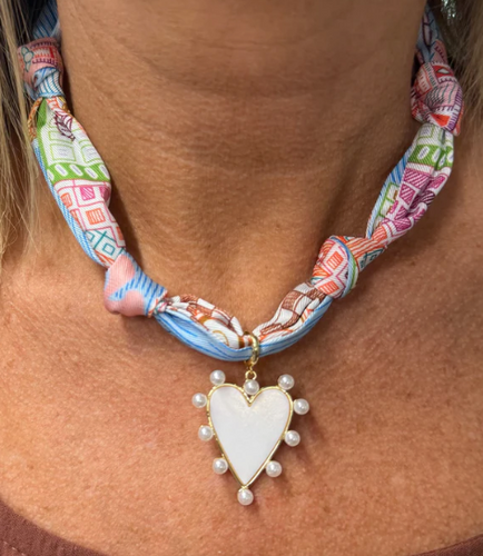 Blue and Pink Knotted Scarf Necklace with Pearlized Heart Charm