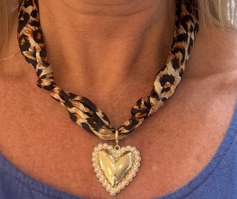 Cheetah Print Knotted Scarf Necklace with Pearl and Gold Heart Charm